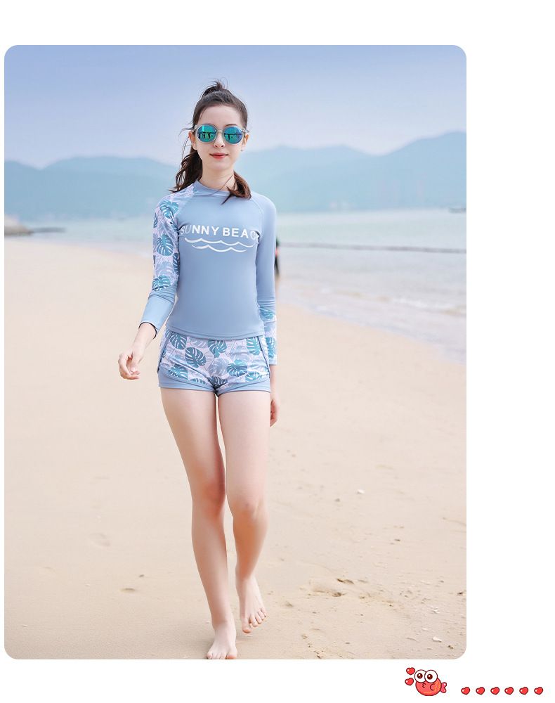 大童女孩運動風長袖泳衣套裝(二件組)-熱帶樹葉-藍色-泳衣、泳褲