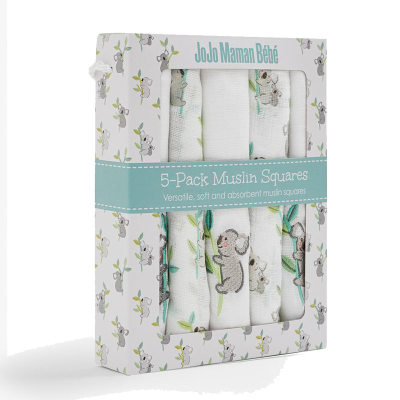 英國 JoJo Maman BeBe - 100% 純棉多功能細紗布包巾/小薄被/拍嗝巾/安撫巾5入組(60*60cm-無尾熊