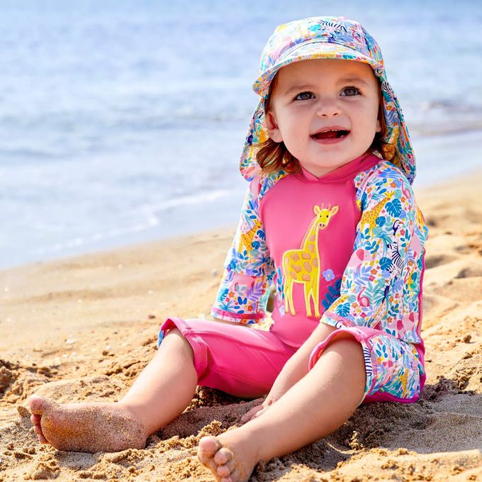 英國 JoJo Maman BeBe - 連身式泳裝+防曬護頸遮陽帽-甜美長頸鹿_JJH1330+七彩花園_JJH1334