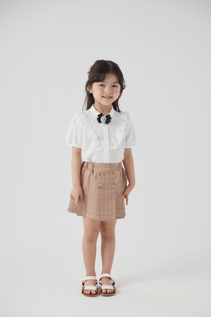 韓國 Coco Bang - (含蝶結)小花鈕扣荷葉領短袖襯衫-藍