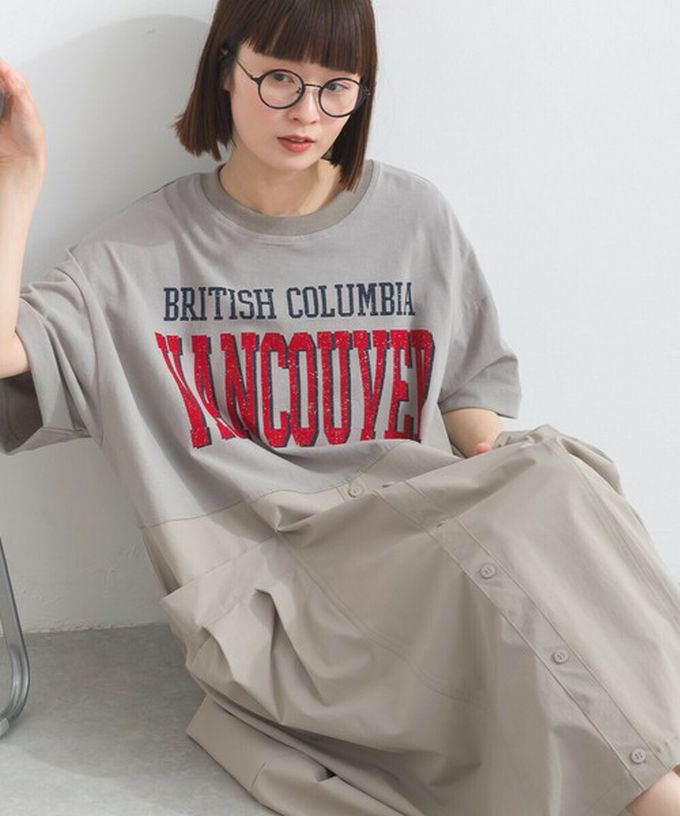 日本 Lupilien - 異素材撞色學院風俐落短袖洋裝-炭灰