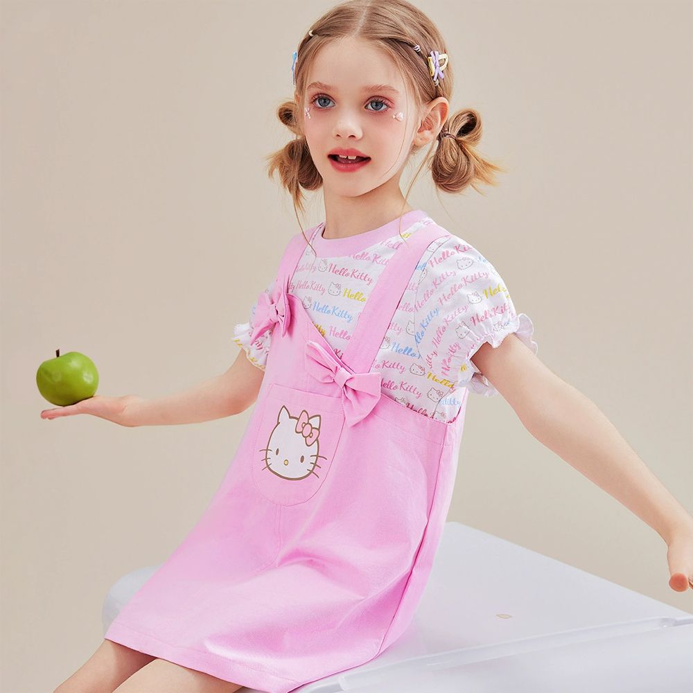 純棉假兩件吊帶短袖洋裝-卡通人物Hello Kitty-粉色