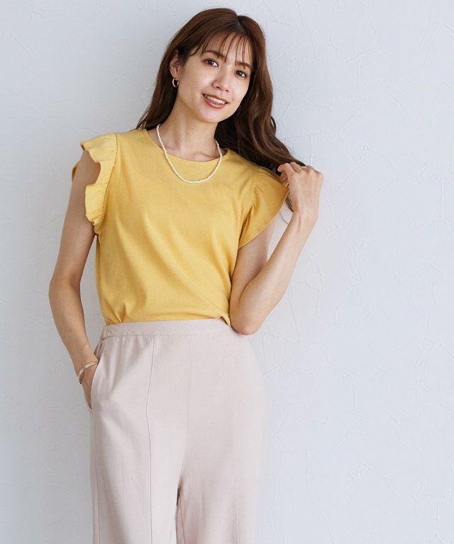 日本 Pierrot - 棉混柔美圓領荷葉袖上衣-珊瑚橘