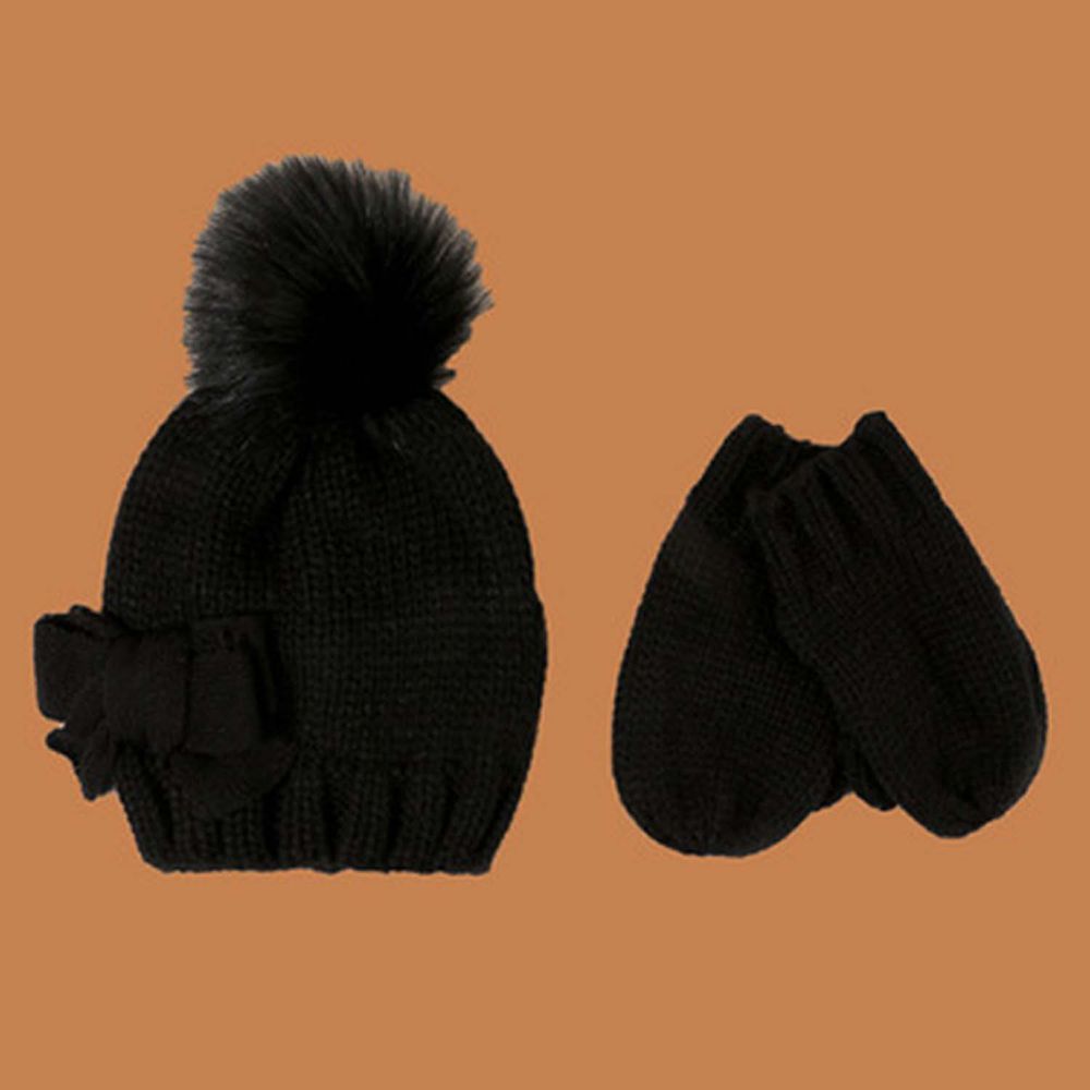 蝴蝶結毛球毛線帽手套組-純黑 (52-54cm)