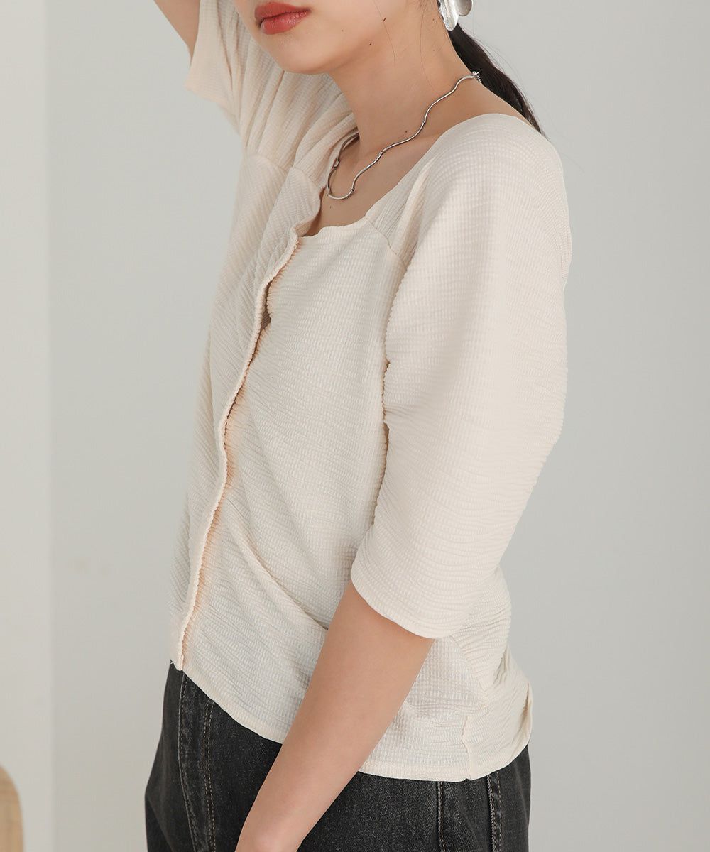 日本 Bab - 2WAY方領排扣五分袖上衣-米杏