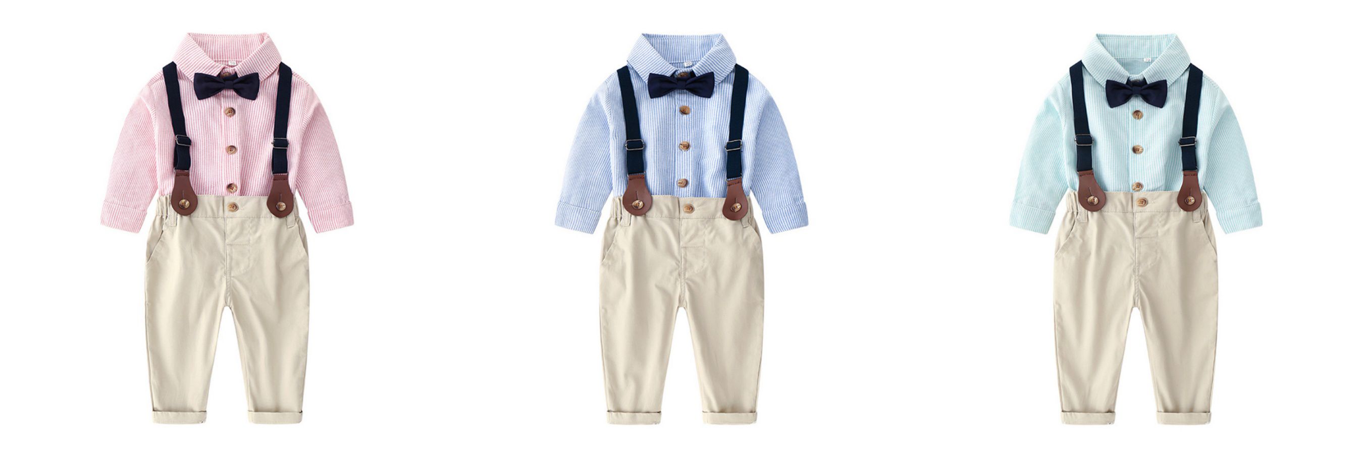 條紋小紳士長袖套裝-淺綠色