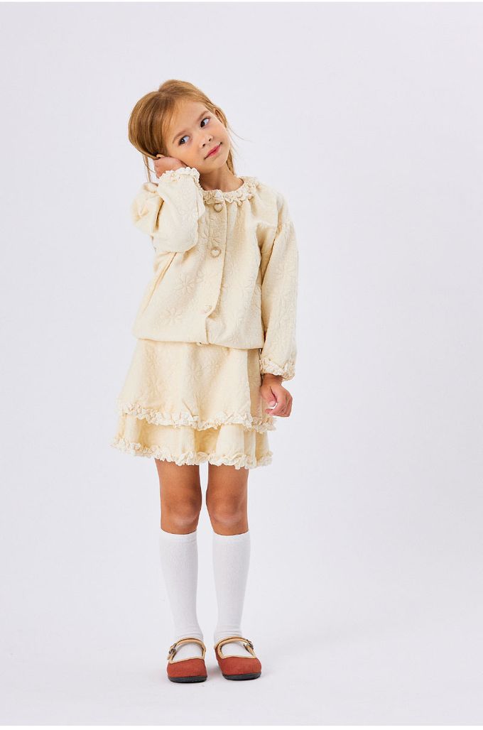 韓國 OZKIZ - 鬆緊腰立體花朵印拼接感短裙-米白