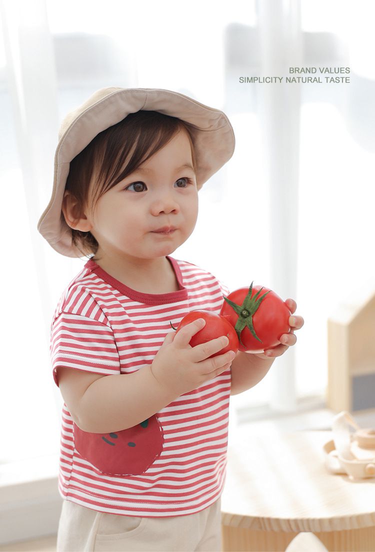 條紋短袖上衣-微笑番茄-紅+白