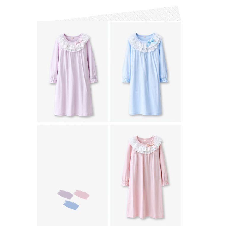 MAMDADKIDS - 純棉長袖睡裙-公主蕾絲領-紫粉色