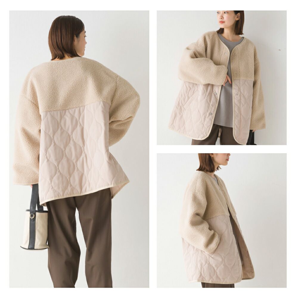 日本 OMNES - 絎縫拼接短絨鋪棉外套-象牙杏