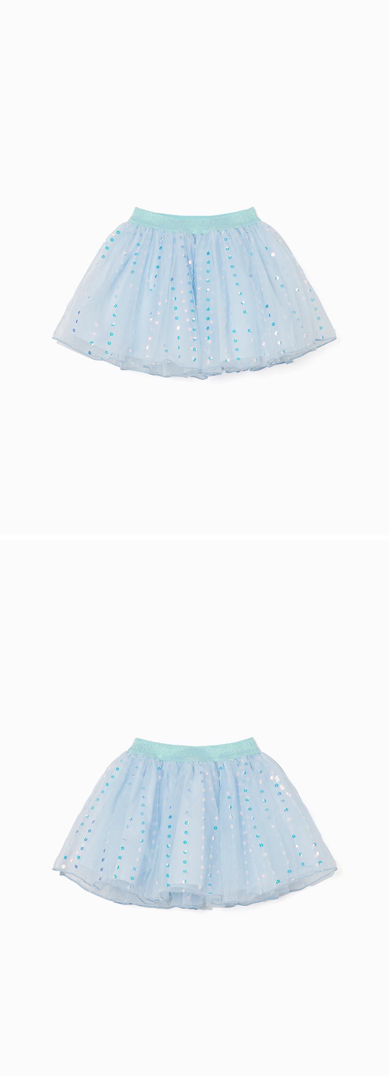 韓國 OZKIZ - 小花亮片層次網紗裙-天藍