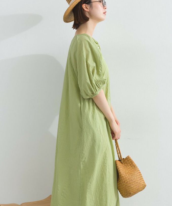 日本 Lupilien - 前後2way 印度棉泡泡袖輕盈洋裝-淺軍綠