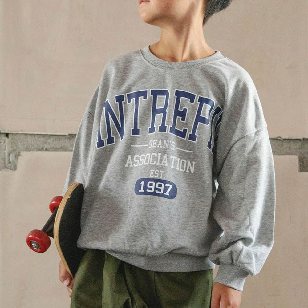 街頭印花縮口長袖上衣-英文LOGO-雜灰