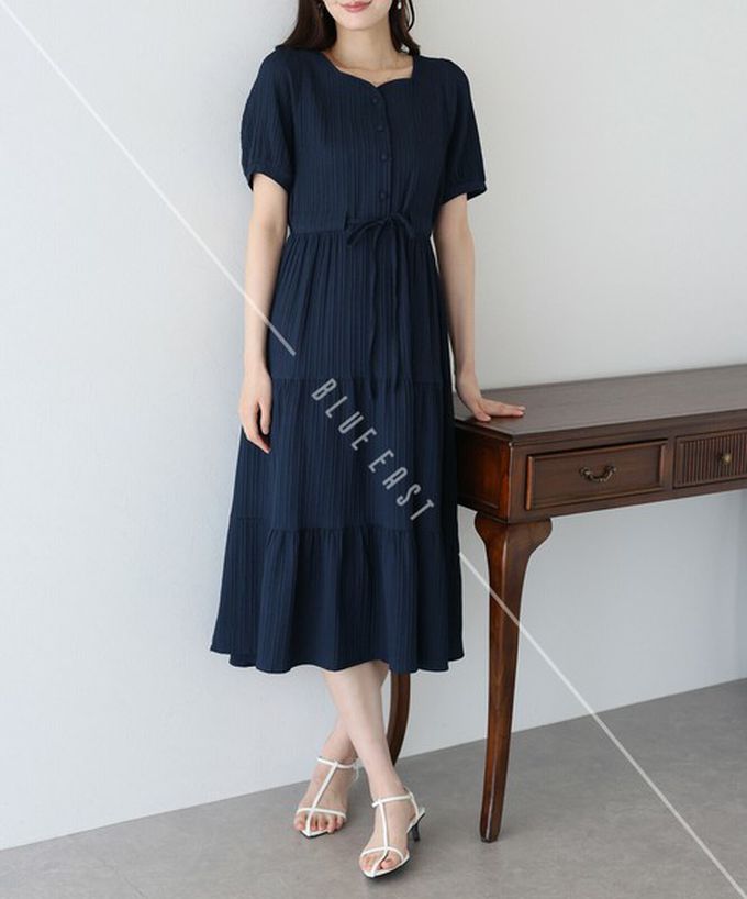 日本 BLUE EAST - 桃心領氣質分層短袖洋裝-海軍藍 ((長版))