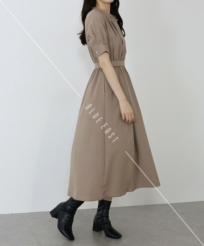 日本 BLUE EAST - 優雅打褶2way領束腰短袖洋裝-灰藍