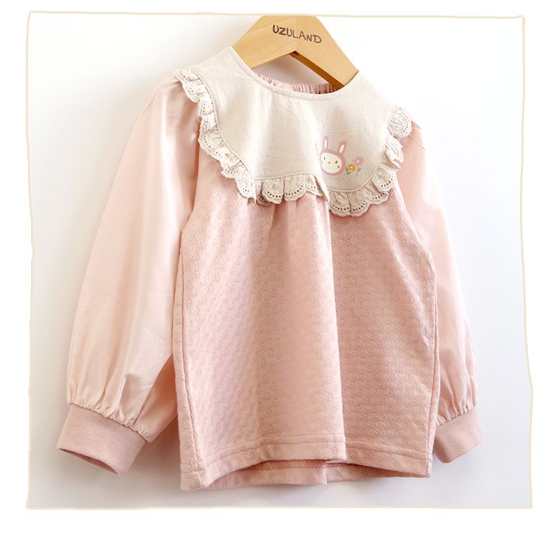 日本 ZOOLAND - 童趣印花拼接長袖上衣-荷葉領兔兔-淺粉