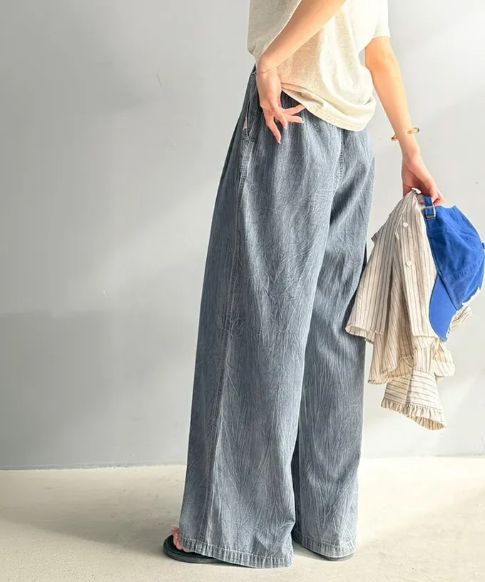 日本 Classical Elf - Java 純棉抓皺感優美休閒寬褲-藍