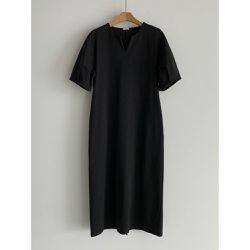 韓國女裝連線 - 休閒小V領五分袖連身洋裝-黑 (FREE)