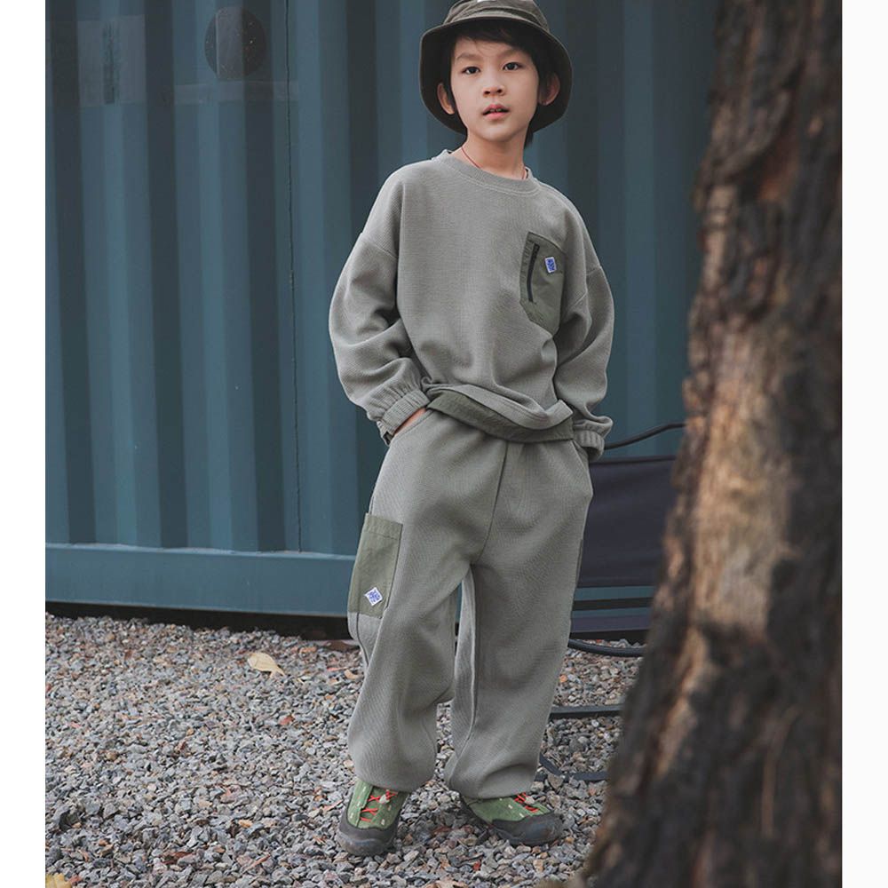 純棉華夫格長袖+長褲兩件式套裝-撞色口袋-綠色