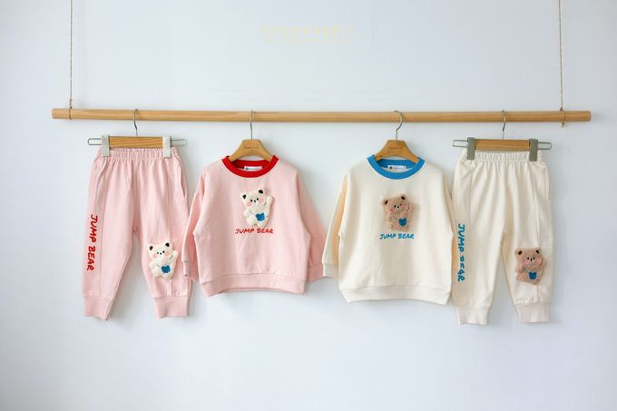 韓國 Coco rabbit - 鬆緊腰立體熊點綴縮口長褲-奶油