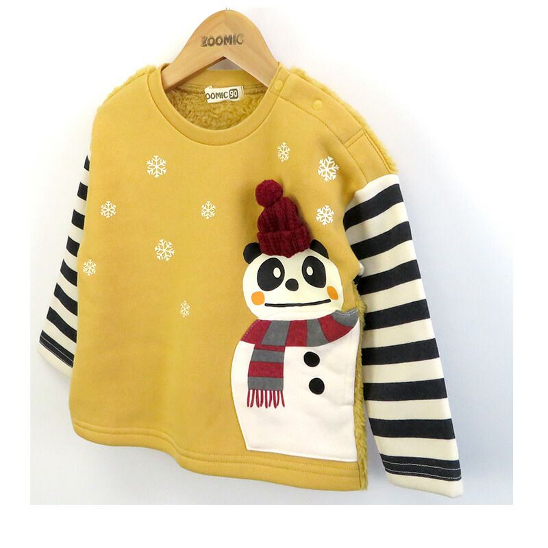 日本 ZOOLAND - 童趣印花圓領長袖上衣-熊貓雪人-條紋x鵝黃