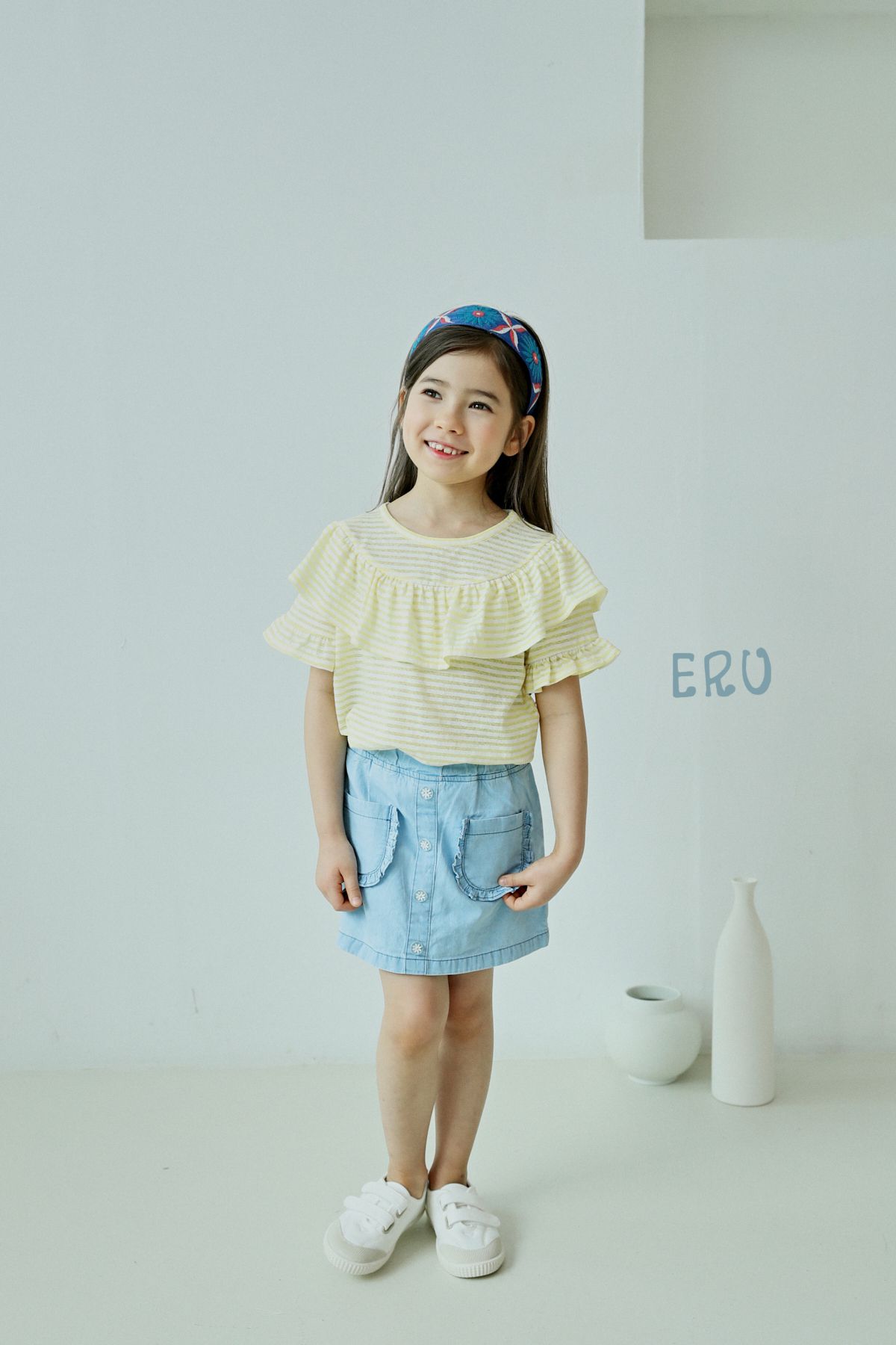 韓國 ERU - 荷葉圓領條紋上衣-紫