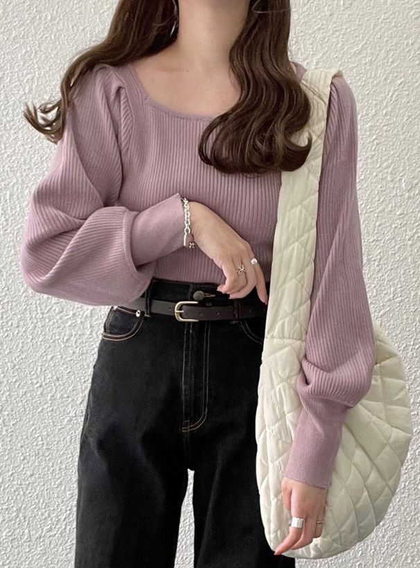 日本 GRL - 百搭方領彈性針織上衣-咖啡