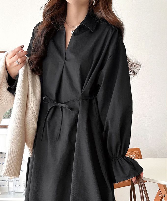 日本 Classical Elf - 糖果袖束腰修身立領長袖洋裝-卡其