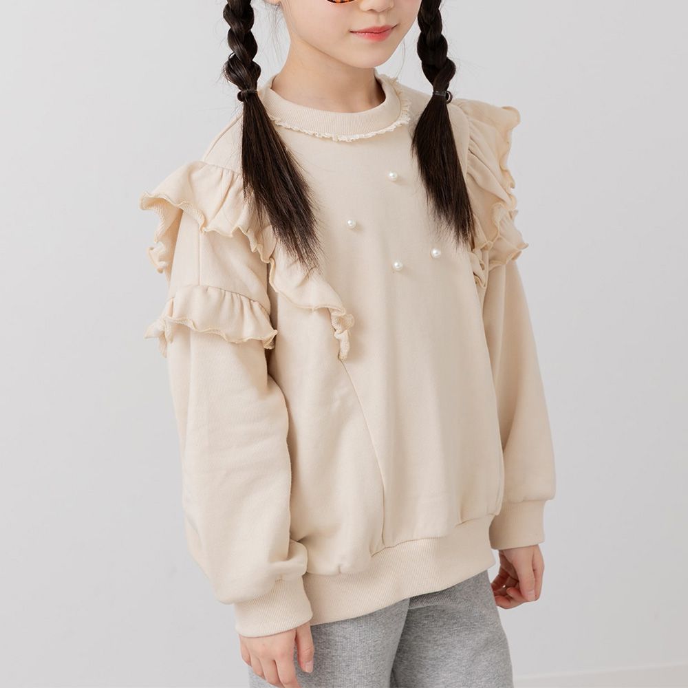 華麗感珍珠荷葉裏毛長袖上衣-奶油杏