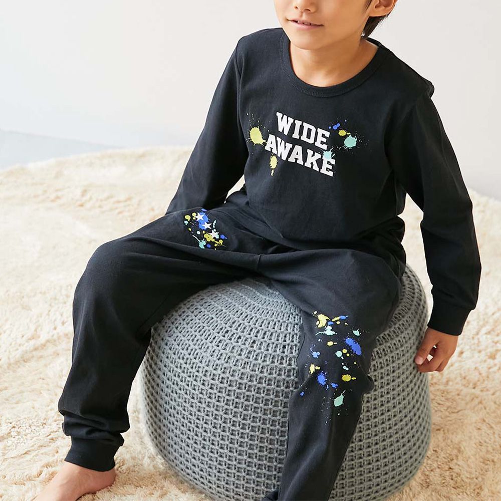 100%棉 高腰長袖家居服套裝-潑墨英文-黑