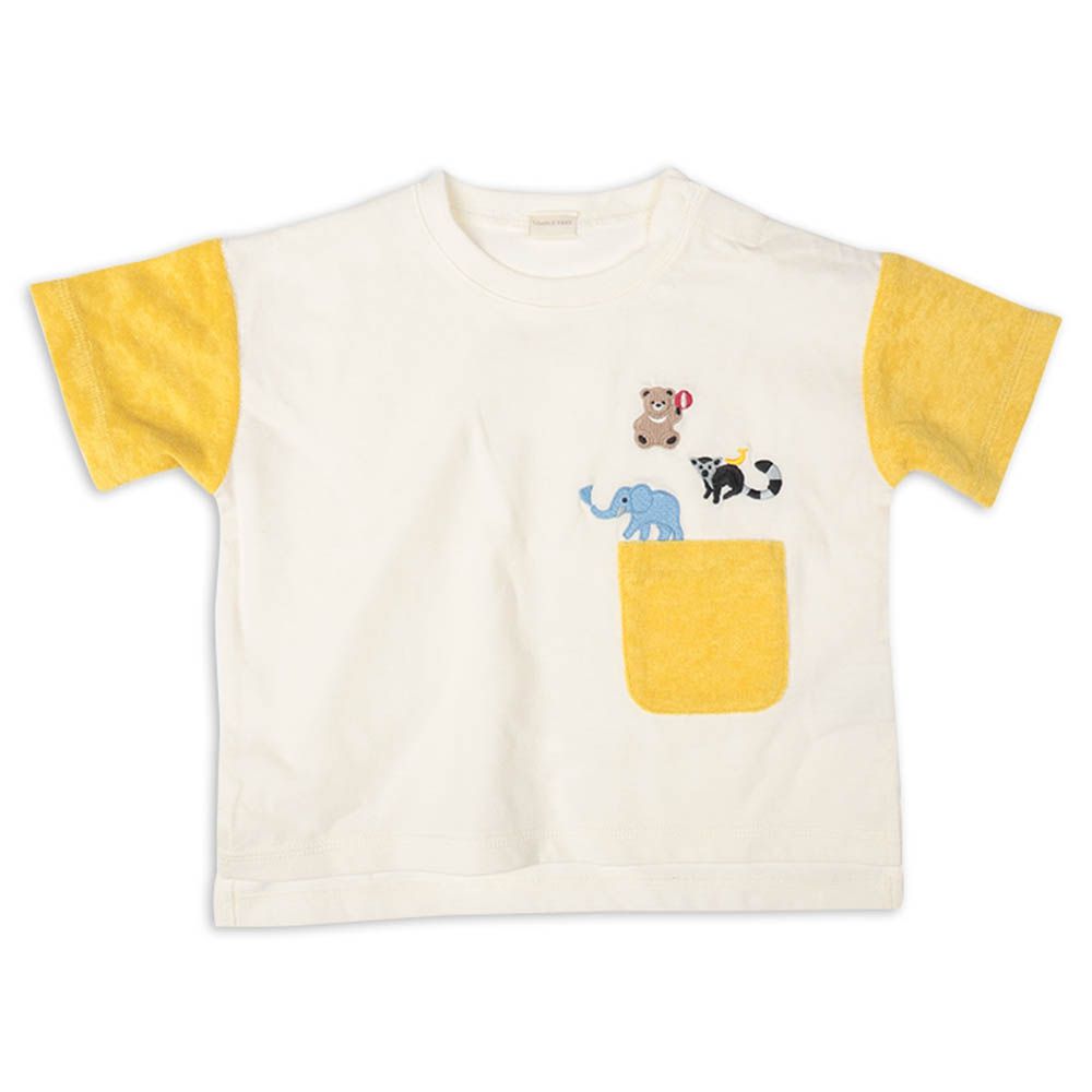 短袖T恤-毛圈布拼接-芥末黃色