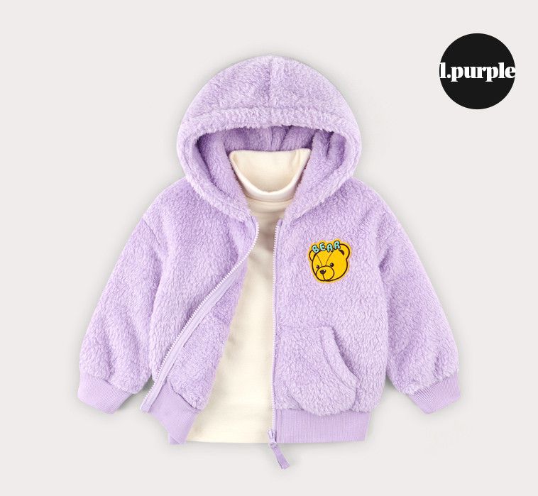 韓國 HEJMINI - 熊熊絨毛連帽夾克-卡其