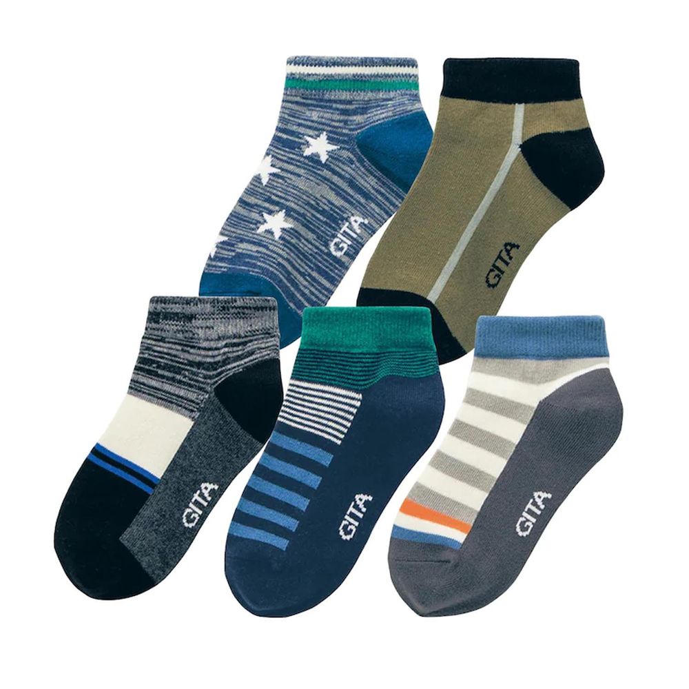 日本千趣會 - GITA 超值短筒襪五件組(鞋底深色設計)-星星條紋-藍卡其灰