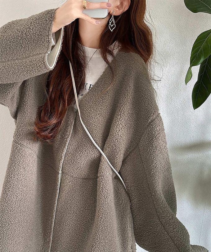 日本 Classical Elf - 溫暖毛呢休閒感無領長版外套-摩卡