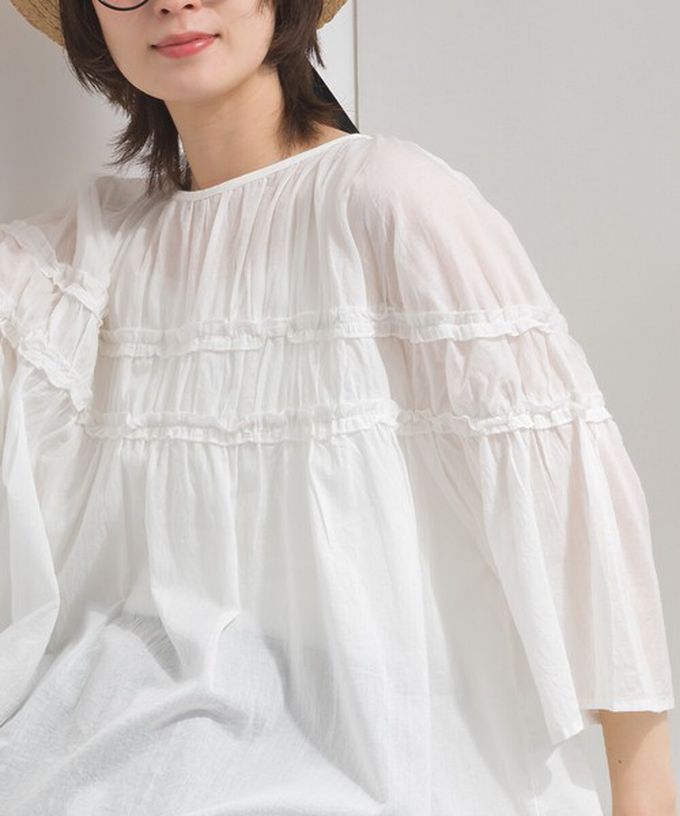 日本 Lupilien - 100%棉 輕盈感皺摺廓形五分袖上衣-萊姆綠