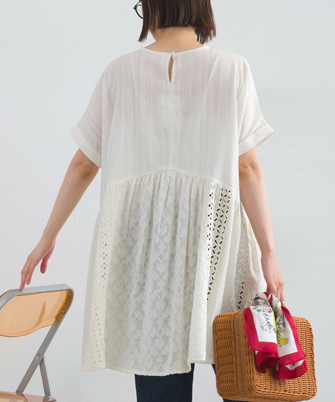 日本 Lupilien - 100%印度棉 柔美緹花長版短袖上衣-白