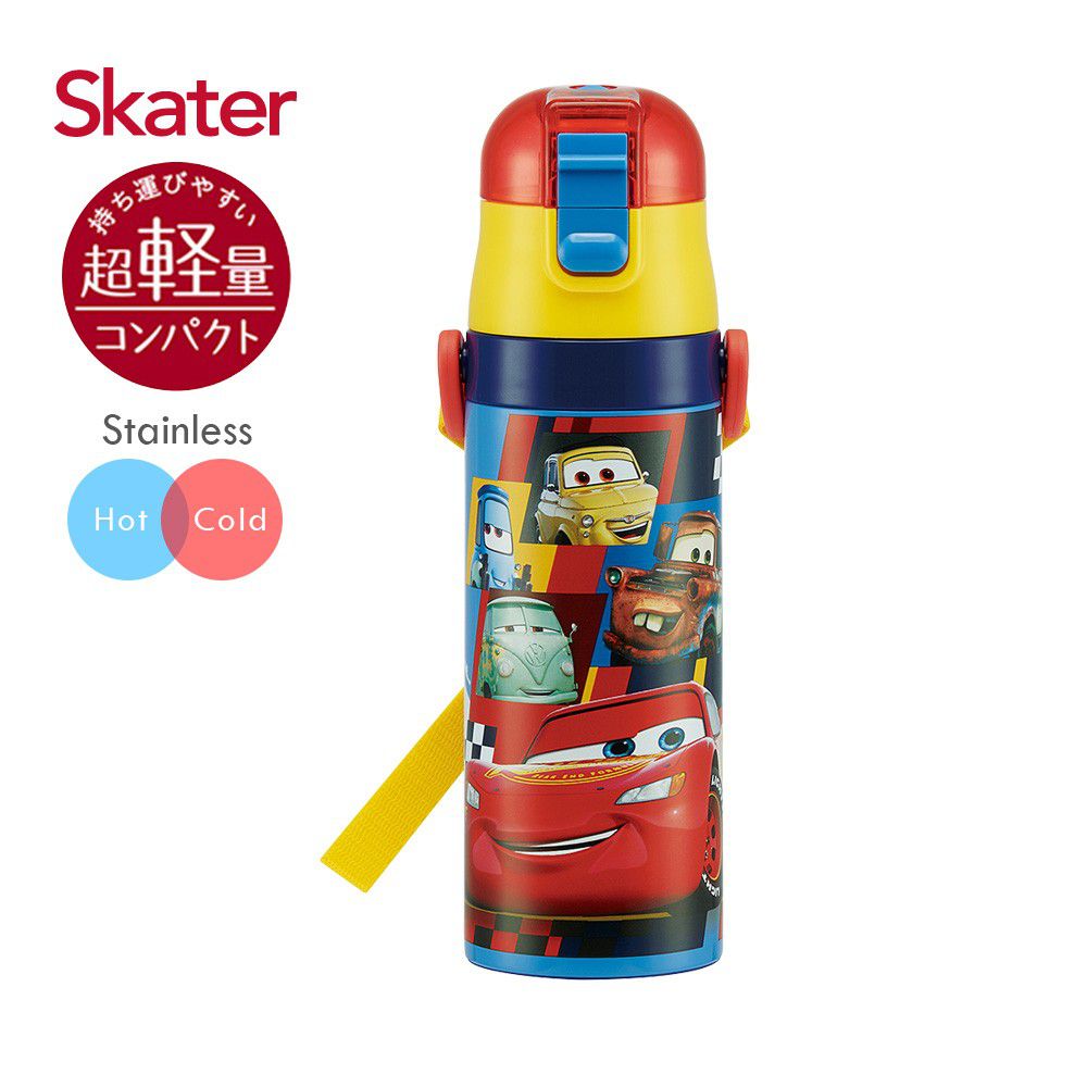 日本 SKATER - 兒童不鏽鋼直飲保溫水壺(470ml)-閃電麥昆-黃藍