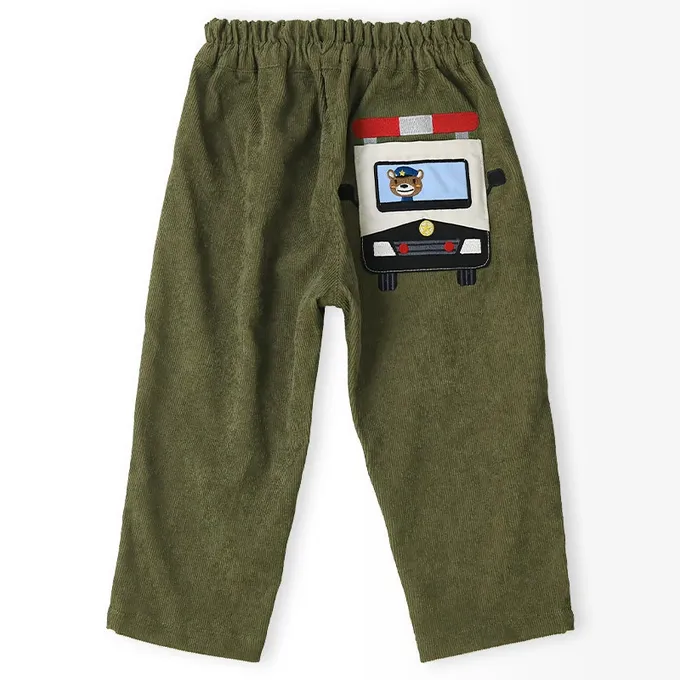 日本 ZOOLAND - 熊熊救援隊 燈芯絨車車口袋長褲-消防車-藍