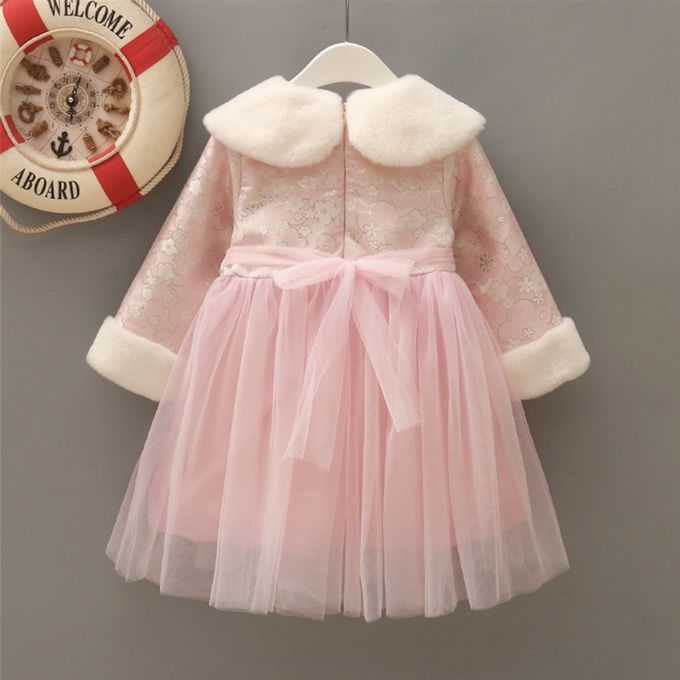 love, charlotte - 喜氣洋洋毛毛圓領加厚加絨拜年洋裝-配斜背小兔子裝飾娃娃-粉紅色