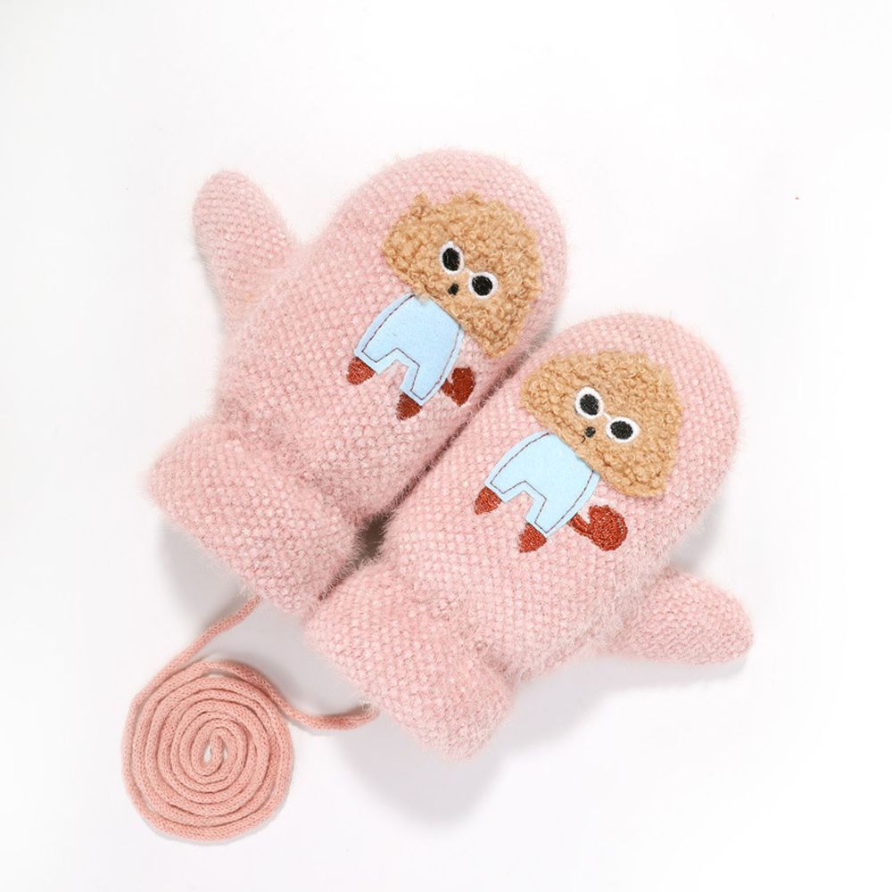 兒童毛絨絨立體掛繩手套-異材質拼接-粉色 (建議2-5歲)