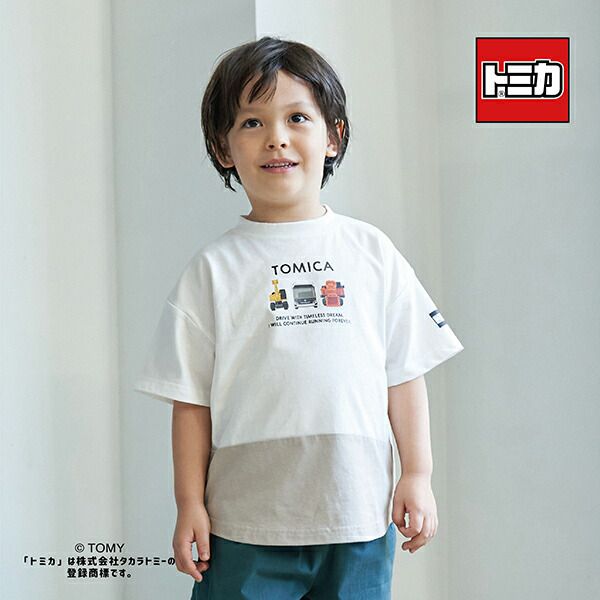 日本 b-ROOM - TOMICA聯名 印花短袖上衣-撞色-白x卡其