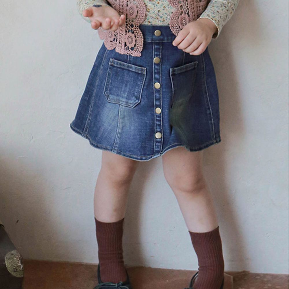 韓國 Puellaflo - 裝飾銅鬆緊帶牛仔短裙-淺藍