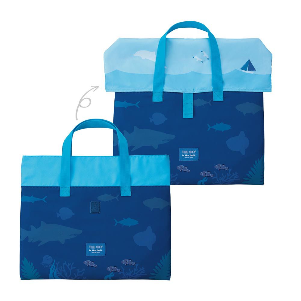 日本文具 KUTSUWA - 撥水加工 附蓋耐用上學提袋/補習袋-海洋生物-深藍x水藍