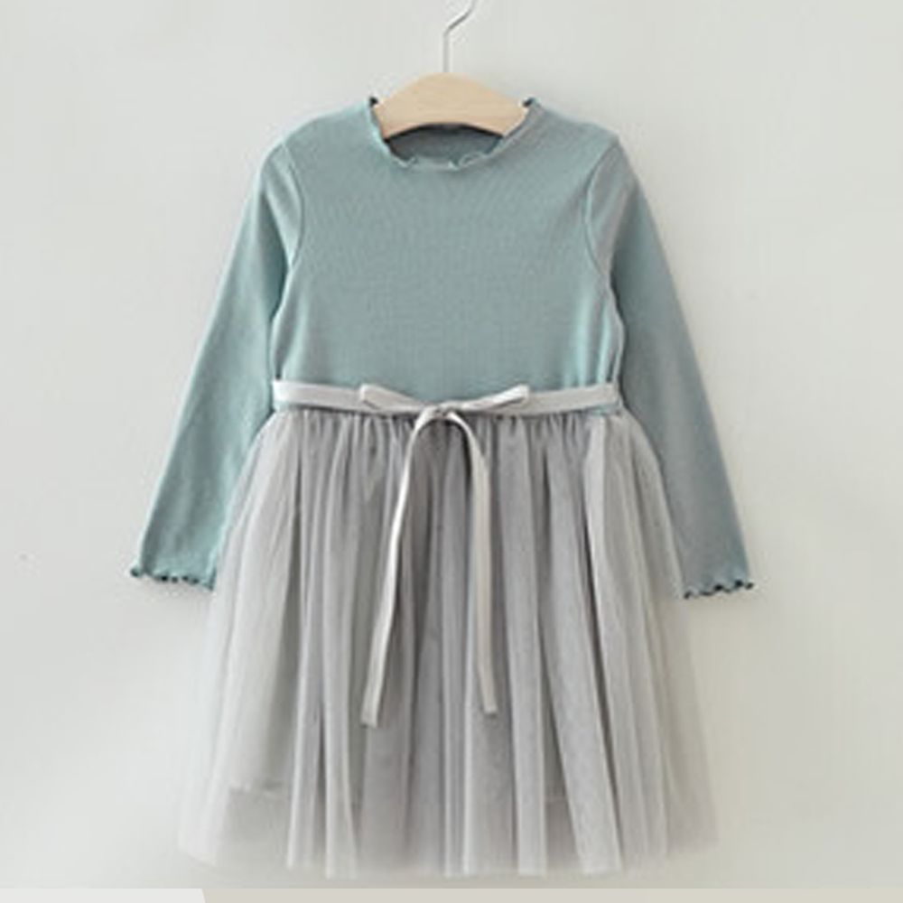 日本 Maison de Ravi - 羅紋薄紗拼接長袖洋裝-星塵藍