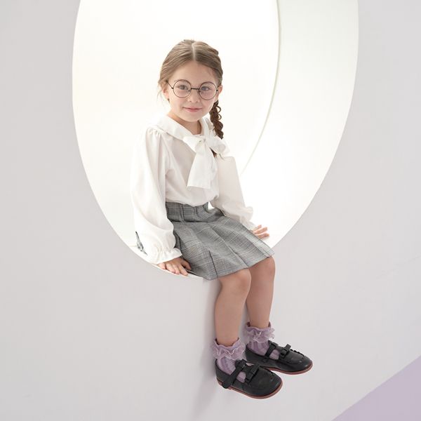 日本 Lycee mine - 大蝴蝶結優雅糖果袖襯衫-格子-卡其