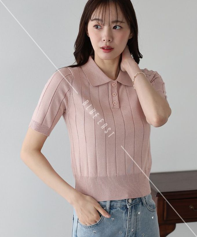 日本 BLUE EAST - 都會氣息寬羅紋針織短袖polo衫-煙燻藍