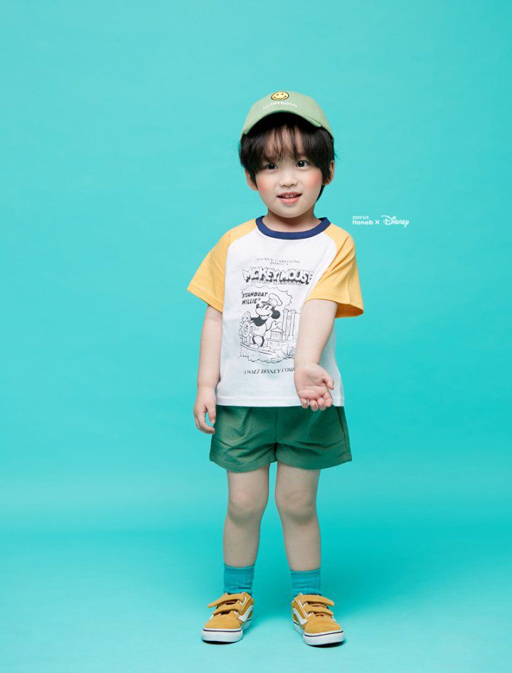 韓國 Hanab - 正版迪士尼-卡通米奇拼接色T-黃