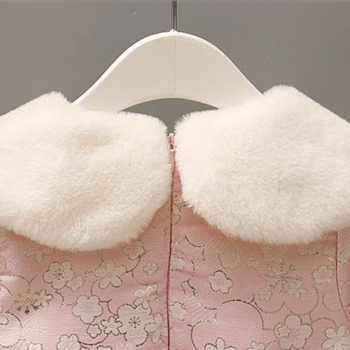 love, charlotte - 喜氣洋洋毛毛圓領加厚加絨拜年洋裝-配斜背小兔子裝飾娃娃-粉紅色