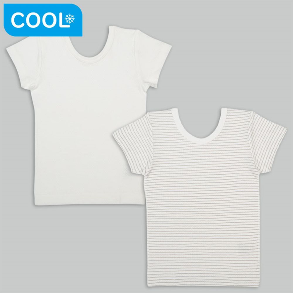 短袖圓領上衣2件組 網眼-前後皆可穿 橫紋-米白色