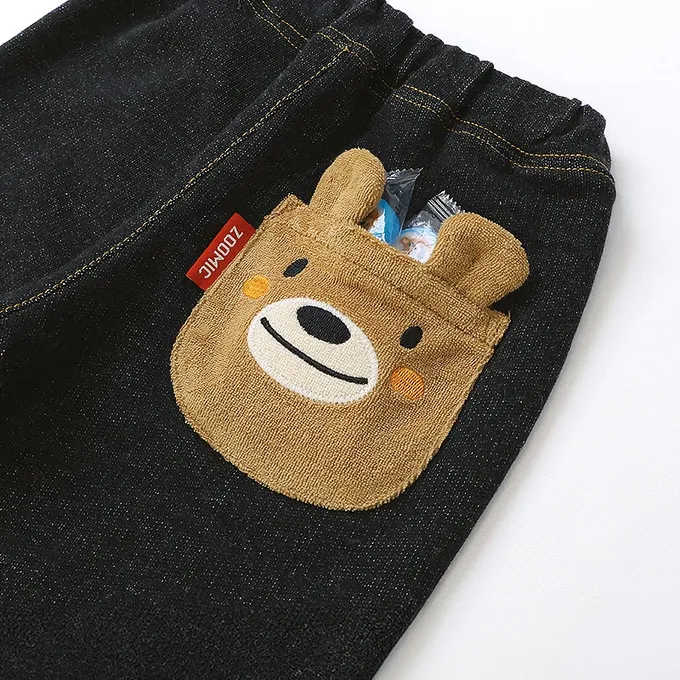 日本 ZOOLAND - 熊熊救援隊 警車標籤舒適牛仔長褲-熊貓口袋-海軍藍